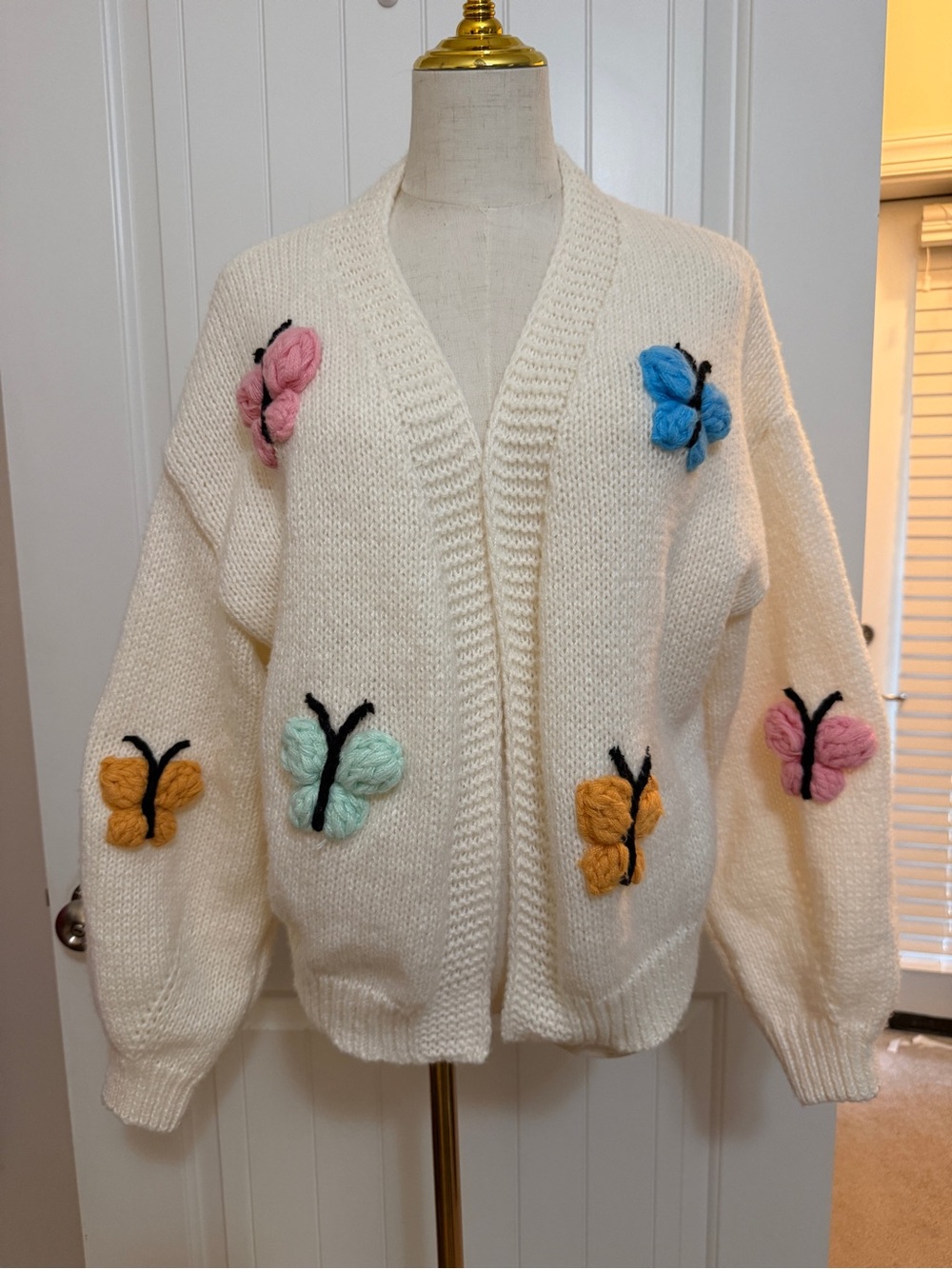 Luna & Ivy Cream Cardigan with Colorful Butterflies Sz. Medium